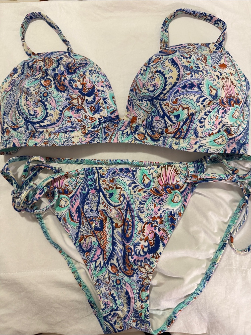 Victoria’s Secret Multi-color Boho Paisley Bikini Set 34D Sz large Bottoms